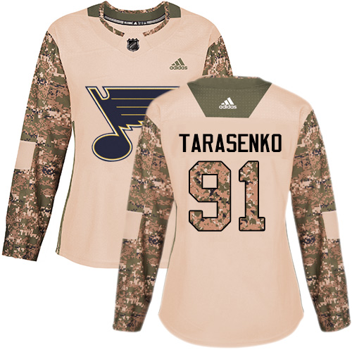 Adidas Blues #91 Vladimir Tarasenko Camo Authentic Veterans Day Women's Stitched NHL Jersey - Click Image to Close